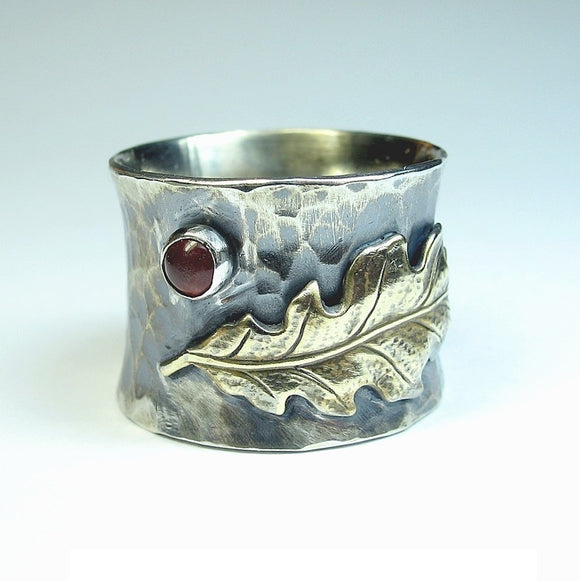 Wide Band Sterling Silver Ring with Brass Oak Leaf - Autumn Song