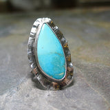 Large Turquoise Ring, Rustic Sterling Silver - Watercolor Sea