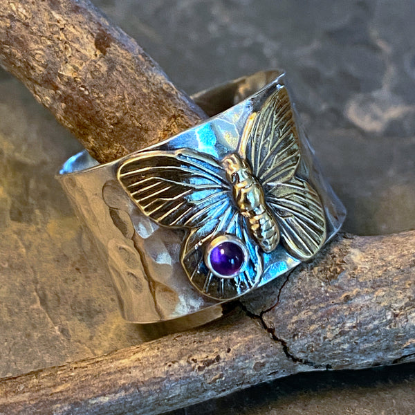 butterfly ring 【アート作品】販売します。 Sterling Silver and Brass Butterfly Ring with Choice of Stone