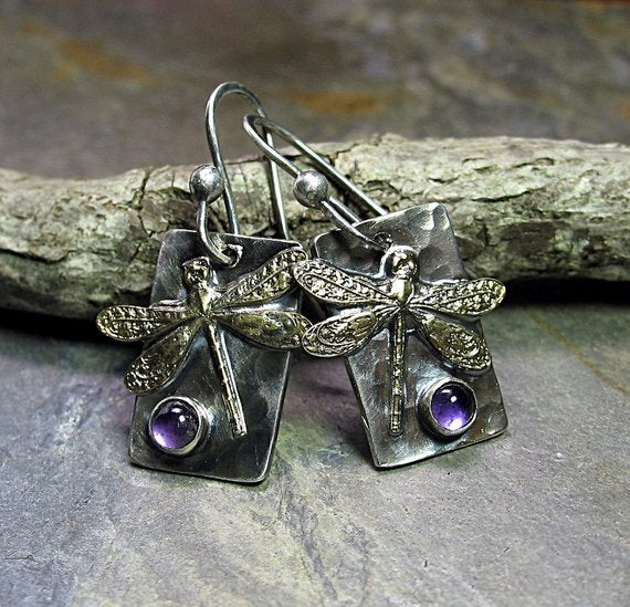 Dragonfly Earrings, Sterling Silver, Brass and Amethyst - Amethyst Moon