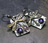 Dragonfly Earrings, Sterling Silver, Brass and Amethyst - Amethyst Moon