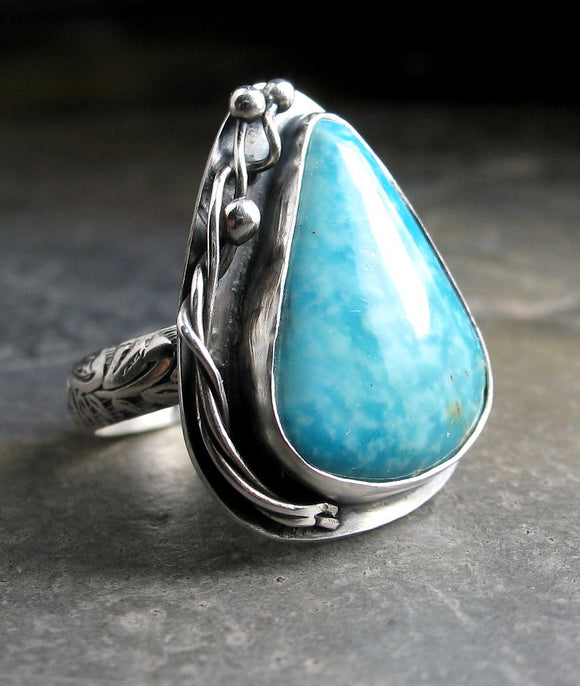 Handmade Turquoise Ring, sterling silver, one of a kind stone, artisan setting made to order - Summer Blues