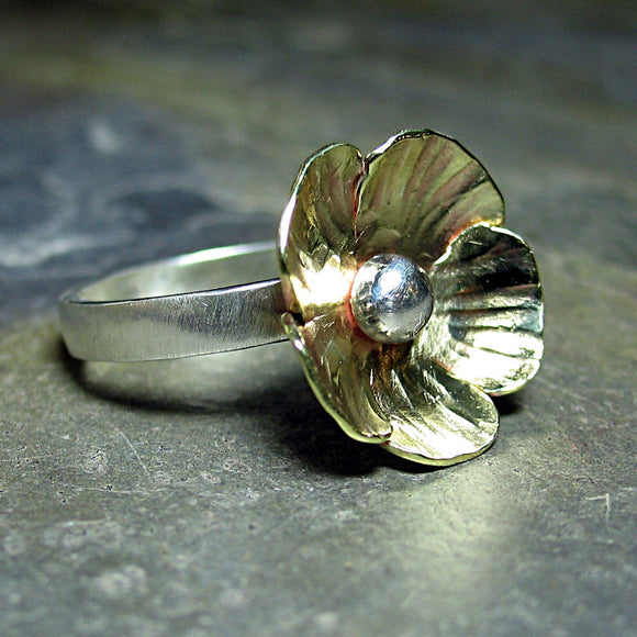 Flower Ring in Sterling Silver and Brass - Sunny Buttercup