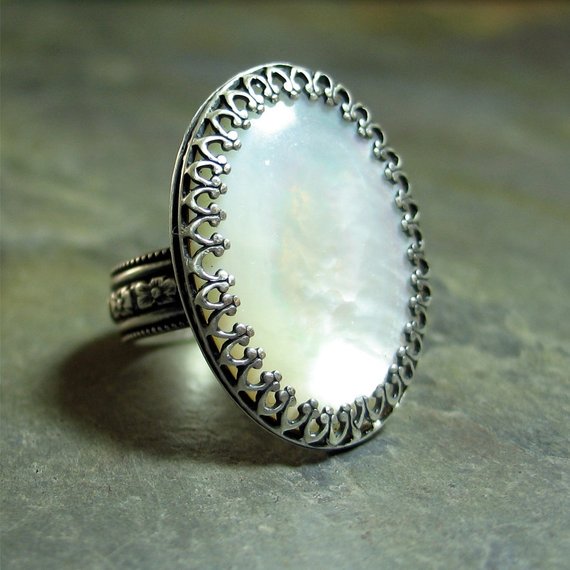 Captured Moonlight Mother of Pearl Ring set in Sterling Silver Filig Lavender Cottage Jewelry