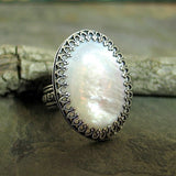 Captured Moonlight - Mother of Pearl Ring set in Sterling Silver Filigree