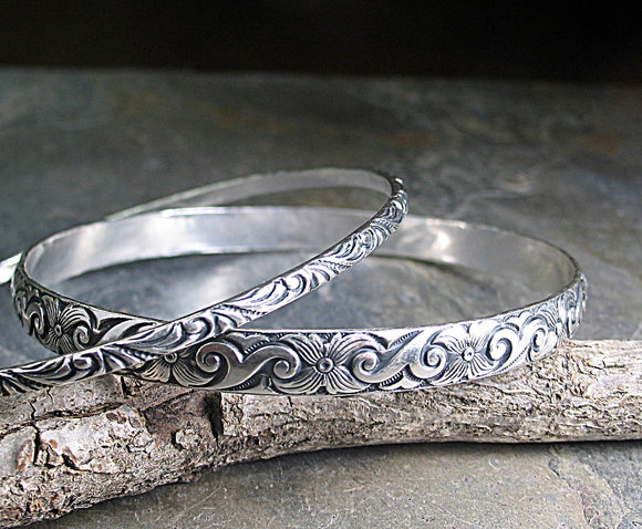 Sterling Silver Pattern Wire Bangle Set of 2 - Dogwood Spring