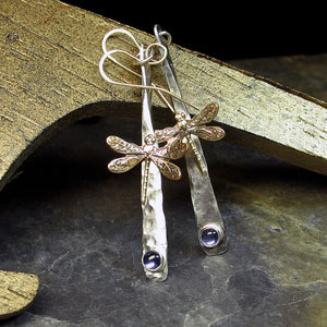 Sterling Silver Hammered Dangles with Dragonfly and Iolite - Dragonfly Dreams