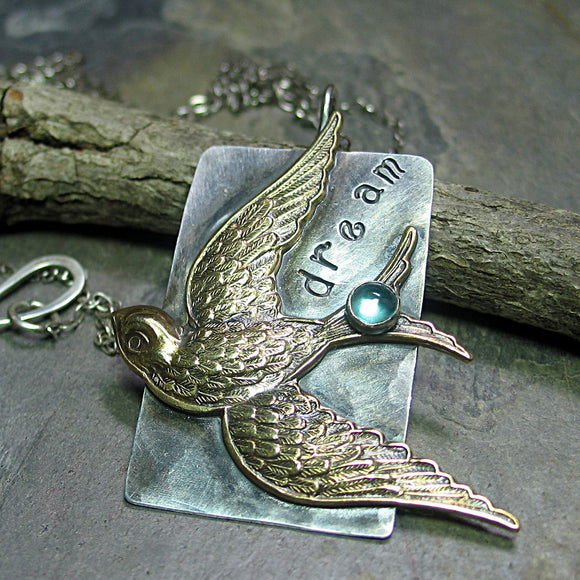 Sterling silver bird pendant with Apatite gemstone - Dream