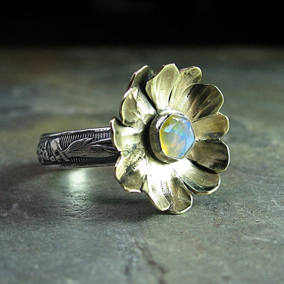 Ethiopian Opal Ring with Brass Flower - Enchanted Garden