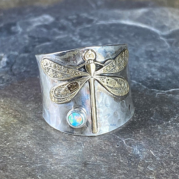 Wide Band Sterling Silver Dragonfly Ring with choice of stone - Garden Dragonfly