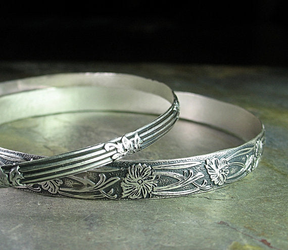 Sterling Silver Pattern Wire Bangle Set of 2 - Garden Gate