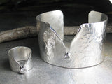 Sterling Silver Wide Hammered Cuff with Stone - Ice Whisper