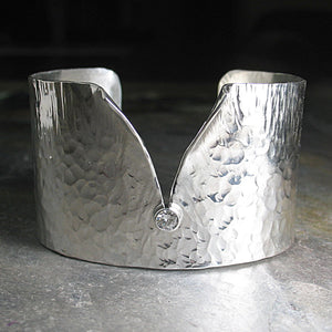 Sterling Silver Wide Hammered Cuff with Stone - Ice Whisper