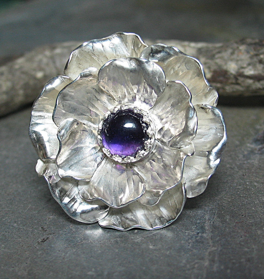 Sterling Silver Handmade Rose Ring with Amethyst - Old World Rose Larg ...