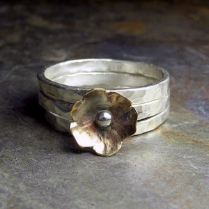 Sterling Silver Stacking Rings with Brass Flower - Petite Bloom