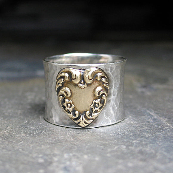 Wide Band Heart Ring, Hammered Sterling Silver and Brass - Renaissance Heart