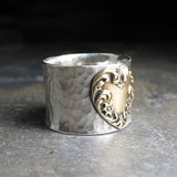 Wide Band Heart Ring, Hammered Sterling Silver and Brass - Renaissance Heart
