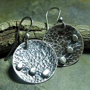 Rustic Sterling Silver Hammered Dangles - Three Pebbles