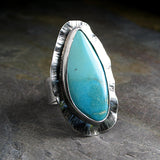 Large Turquoise Ring, Rustic Sterling Silver - Watercolor Sea