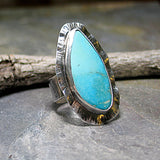 Large Turquoise Ring, Rustic Sterling Silver - Watercolor Sea