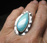 Large Turquoise Ring, Rustic Sterling Silver - Watercolor Sea