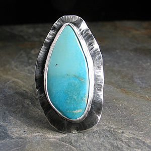Large Turquoise Ring, Rustic Sterling Silver - Watercolor Sea