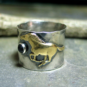 WindRunner - Wide band running horse ring with black onyx, Unisex or Men's ring
