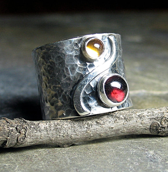 Sterling Silver Wide Band Ring with Citrine and Garnet - Autumn Afternoon