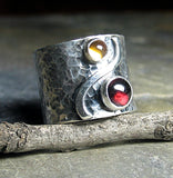 Sterling Silver Wide Band Ring with Citrine and Garnet - Autumn Afternoon