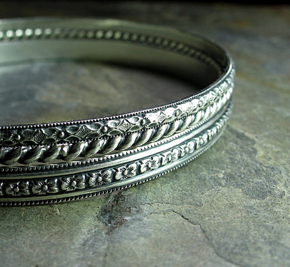 Sterling Silver Pattern Wire Bangles Set of Three - English Garden