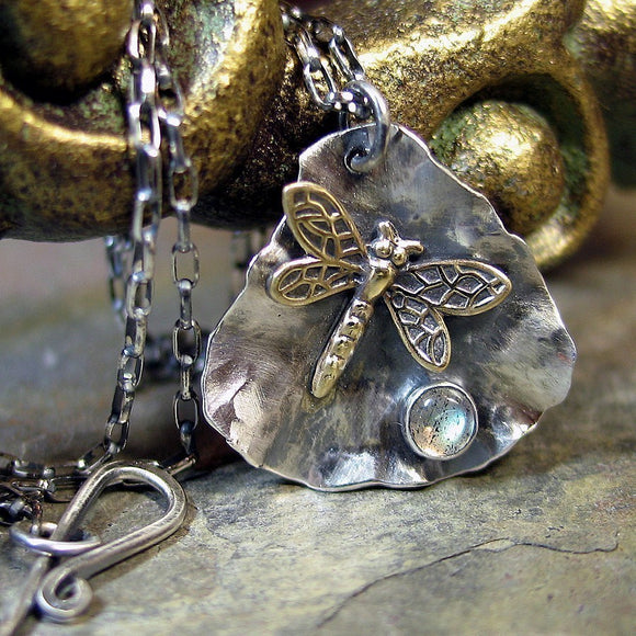 Dragonfly Pendant in Sterling Silver with Choice of Stone - Dew on a Petal