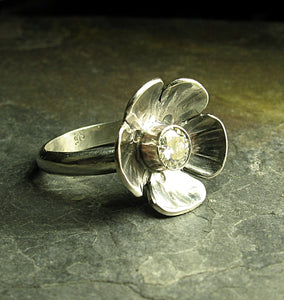 Artisan sterling silver ring with Moissanite - Ice Flower
