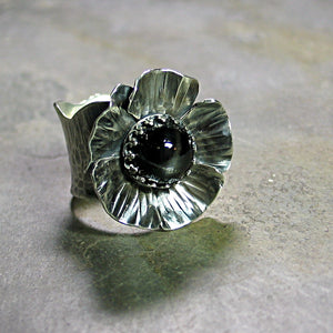 Sterling Silver Poppy Ring with Black Star Diopside - Night Poppy