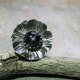 Sterling Silver Poppy Ring with Black Star Diopside - Night Poppy