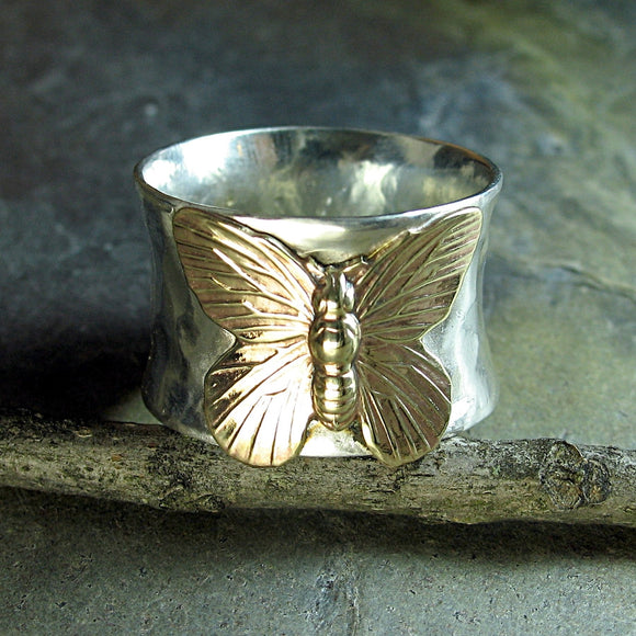 Sterling Silver Butterfly Ring - On Golden Wings