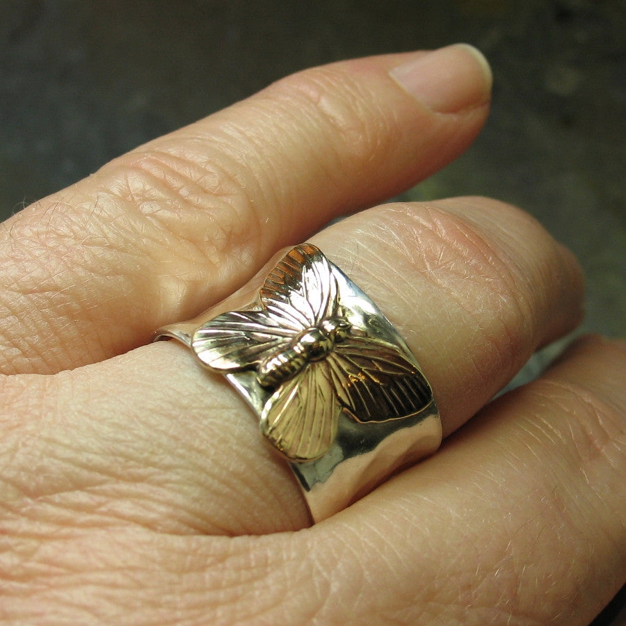 Sterling Silver Butterfly Ring On Golden Wings – Lavender