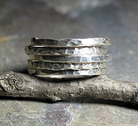 Hand Hammered Sterling Silver Stacking Ring Set of Six - Elizabeth Scott  Jewelry