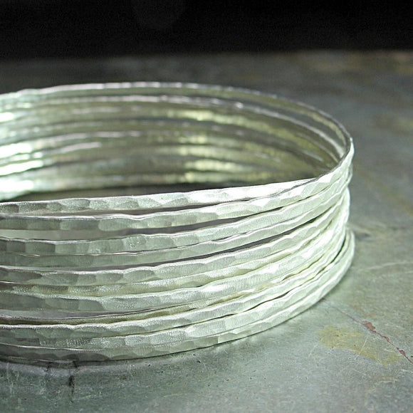 Skinny Bangles with Matte Satin Finish in Hammered Sterling Silver - WHITE SATIN NIGHTS